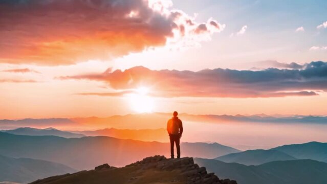 Lonely figure of a man standing on top of a mountain and looking at the sunset, victory concept
