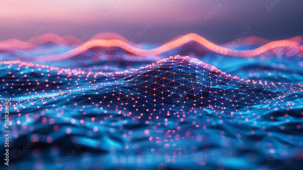 Aufkleber Abstract digital technology waves background with neon lines, futuristic cyber virtual landscape concept, glowing particles and innovative mesh design pattern
