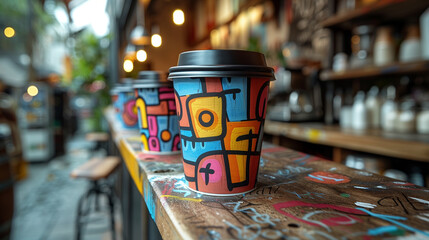 Sip in style with a coffee cup that channels the rebellious spirit of street art, showcasing...
