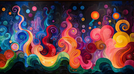 Vibrant bursts of color dance in a kaleidoscopic frenzy, forming an abstract tapestry of swirling...