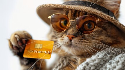 Naklejka premium Funny cat wearing hat and sunglasses with credit card, close-up