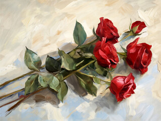 Red roses abstract oil painting on a beige and light blue canvas background with brush strokes