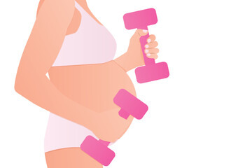 side view of pregnant woman working out with dumbbells; healthy lifestyle during pregnancy- vector illustration