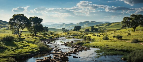 Scenic View of Lush Green Hills and Flowing River at Sunrise - 780127052