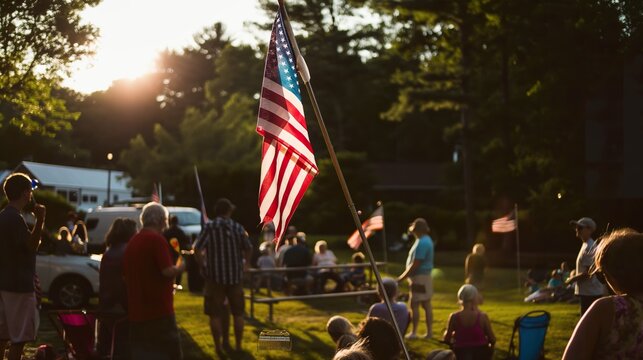Summer celebration with American flag, community in park on 4th of July, patriotic holiday concept, festive atmosphere, unity background