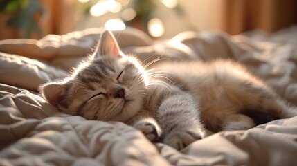 Cute little kitten sleeping on bed at home. Cozy atmosphere - obrazy, fototapety, plakaty