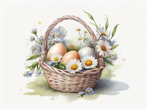 Wicker basket flowers chicken eggs table Easter.
