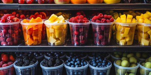 Freshly prepared fruit in transparent cups, displayed for sale, featuring raspberries, mango, and...