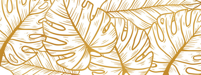 Fototapeta na wymiar Luxury gold nature background vector. Floral pattern, Golden split-leaf Philodendron plant with monstera plant line arts, Vector illustration.
