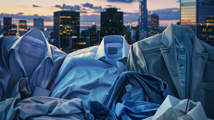 An abstract illustration of fabric textures representing business casual wear, including cotton shirts, chinos, and blazers, set against a backdrop of an urban skyline at dusk. 32k, full ultra hd
