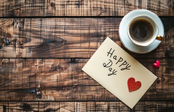 Cup of coffee and card with heart and the word happy.