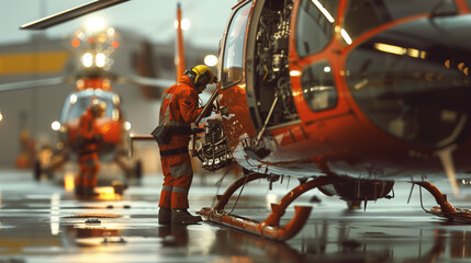 An aircraft technician outside a hangar is meticulously inspecting and performing maintenance on the engine and airframe of a commercial rotorcfraft equipped with various tools.