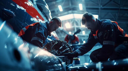 Two aircraft technicians in a hangar are meticulously inspecting and performing maintenance on the engine and airframe of a commercial jet, equipped with various tools.