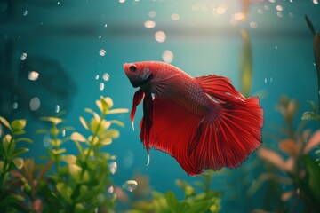 Red betta fish with large fins and tail swimming in an aquarium with aquatic plants.