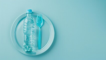 Plastic plate with cutlery and plastic bottle of water on the plate, blue background.