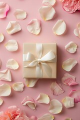 Gift box surrounded with beige and rose petals.  on pale pink background. Good for Valentine's Day, Mother's day or Birthday. Greeting card. Flat lay.