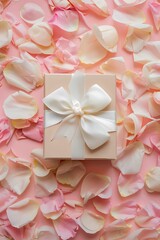 Fototapeta na wymiar Gift box surrounded with beige and rose petals. on pale pink background. Good for Valentine's Day, Mother's day or Birthday. Greeting card. Flat lay.