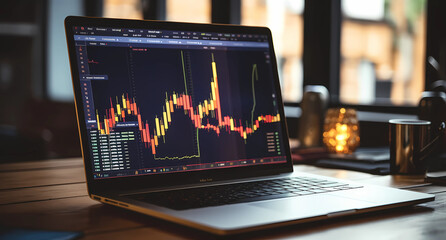 A laptop displaying stock market charts