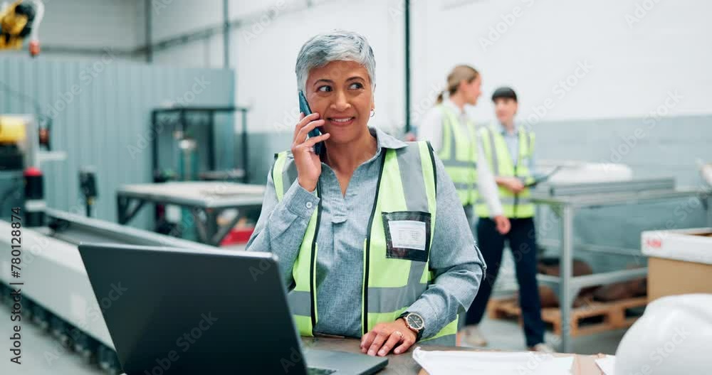 Poster engineer, computer and woman in phone call while working in business project, building and trade ind