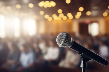 Microphone stands sharp against a blurred bright light backdrop of a conference hall filled with attendees  - obrazy, fototapety, plakaty