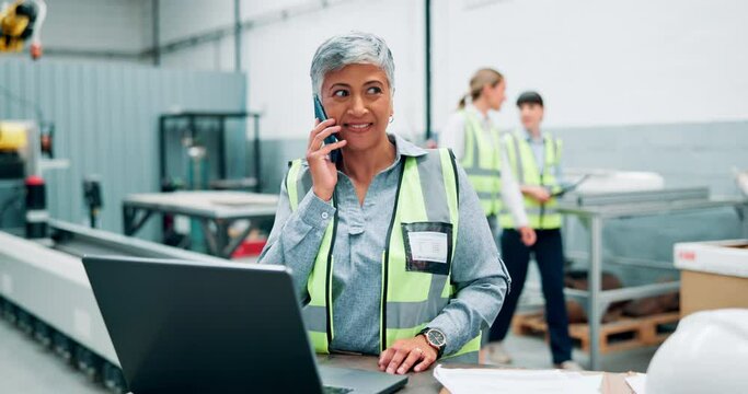 Engineer, computer and woman in phone call while working in business project, building and trade industry. Senior person, talking and professional with laptop and cellphone in construction site