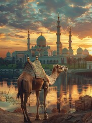 eid al adha, Camel and mosque - generative ai - obrazy, fototapety, plakaty