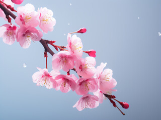 Blossoming branches stand out against a serene, light background