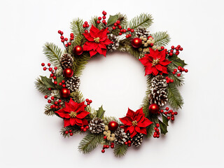 Fototapeta na wymiar Festive Christmas wreaths and decorations stand out against a pristine white backdrop