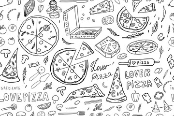 Seamless pattern of pizza, Italian cuisine, slice of pizza and satisfied cook. Pizza time. Pizza lover. Doodle style. Hand drawn. Great for menu design, banners, sites, packaging. Vector illustration