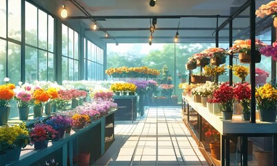 flower shop in the country. woman collects a bouquet in a glassed flower shop