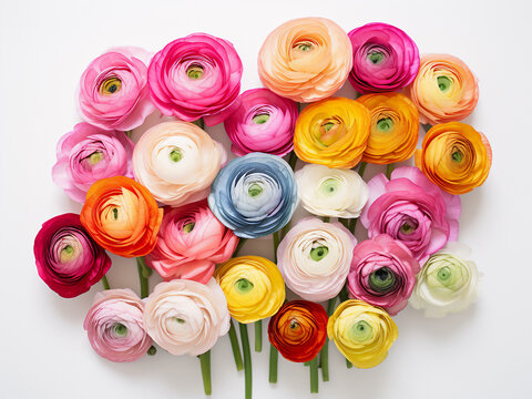 White background accentuates the beauty of colored ranunculus flowers for a Valentine's Day card