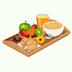 Breakfast on a tray, porridge with fruits and croissants