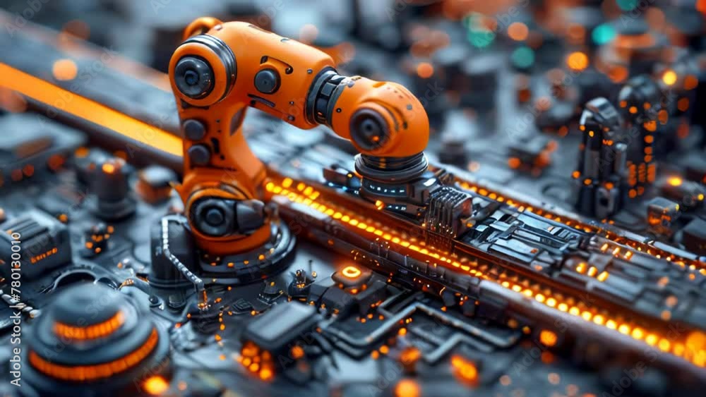 Poster robotic arms working on assembly line in factory. concept of artificial intelligence for industrial 