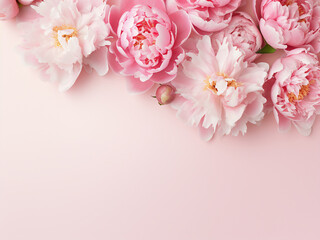 Pink and white peonies arranged flat on a pink surface make an ideal web banner backdrop