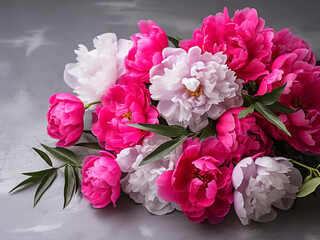 Capture the stunning details of a fuchsia and white peony bouquet on concrete in a close-up