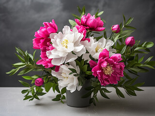 A close-up flatlay style captures a bouquet of fuchsia and white peonies on grey concrete