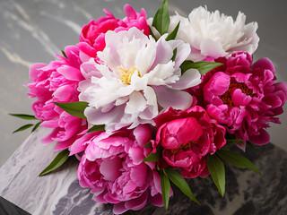 Detailed shot highlights the elegance of fuchsia and white peonies on concrete in a flatlay - obrazy, fototapety, plakaty