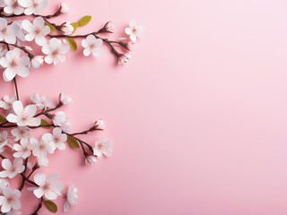 Spring twigs adorned with white flowers grace a pink background in flat lay style