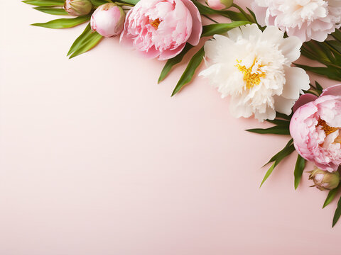 Peonies in full bloom add elegance to a pink tabletop, ideal for web banner designs