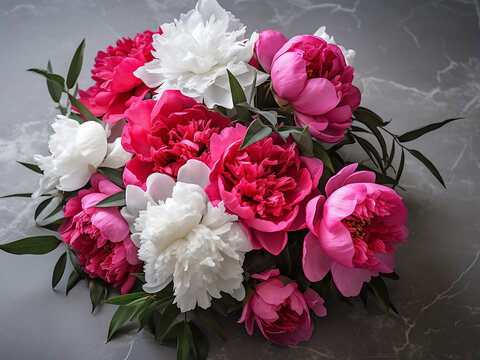 A bouquet of fuchsia and white peony flowers rests on a grey concrete surface