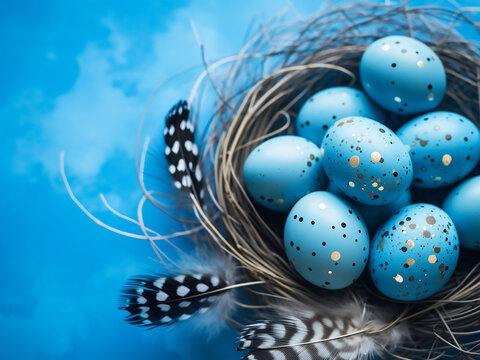 Easter concept comes to life with a display of ombre blue Easter eggs, quail eggs, and feathers