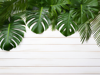 Monstera leaves create a tropical vibe on a white wooden background