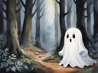 watercolor painting of a cute ghost in a forest on craiyon