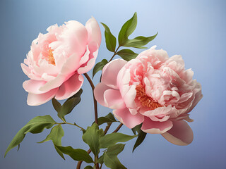 Color background enhances the beauty of peony flowers and leaves