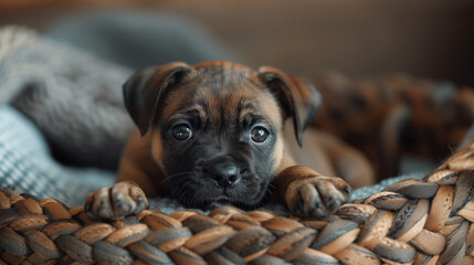 Puppy Photography Dog In Basket Blue Blanket Cute Face Puppy Eyes High Detail Professional Commercial Animal Portrait