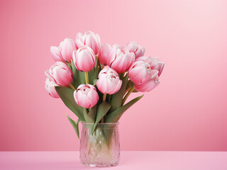 A bouquet of peony tulip flowers adorns a charming pink background