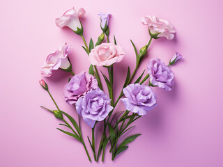Obraz premium Eustoma flowers in pink and purple, with green leaves, stand out against a pink backdrop