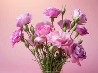 Full bloom pink and purple eustoma flowers with green leaves adorn a pink backdrop