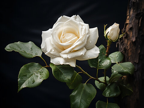 A white rose branch blooms abundantly, a vision of beauty