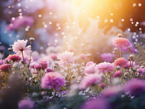 Blossoming flowers adorn a natural garden wallpaper, creating a romantic backdrop